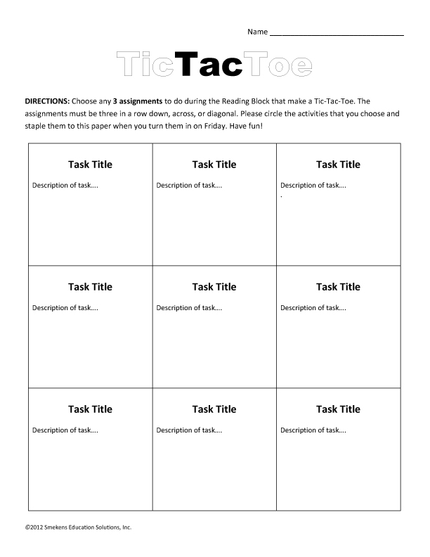 Tic Tac Toe Task Sheet Template