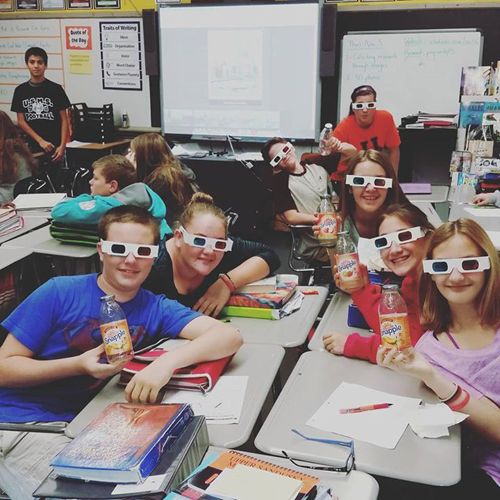 Erica Shadley - Students with 3D glasses and Snapple Facts sheet