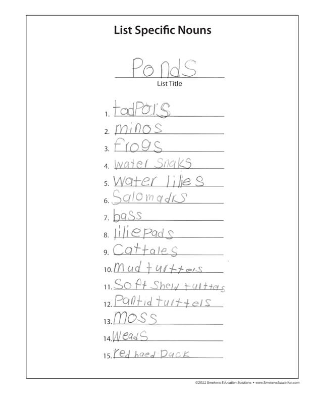List-Writing Student Example: Ponds
